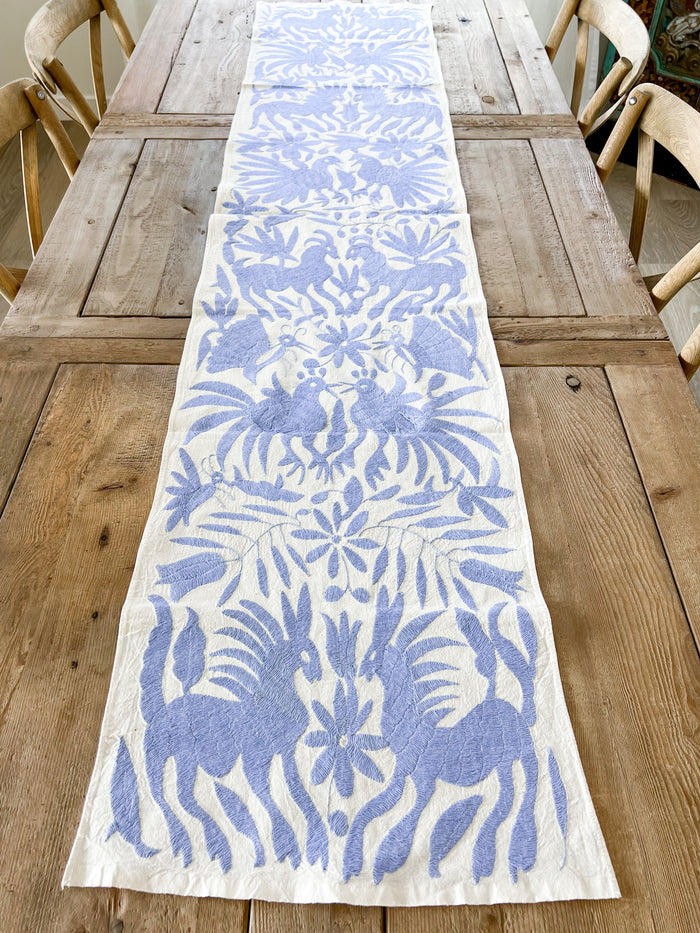 Mexican embroidered Otomi table runner folk art light purple blue