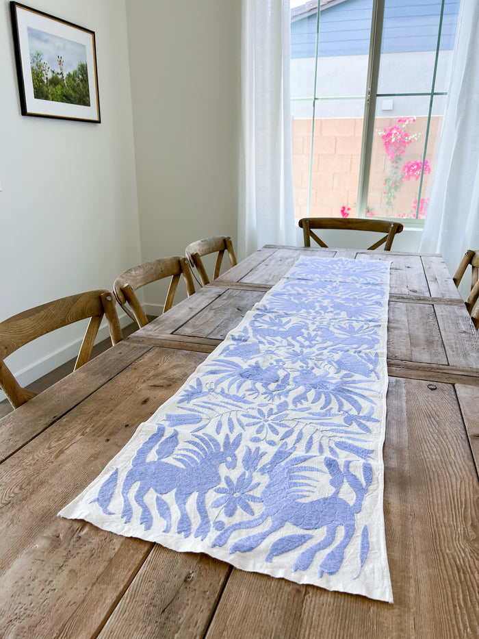 Mexican embroidered Otomi table runner folk art light purple blue