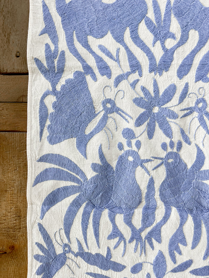 Mexican embroidered Otomi table runner folk art light purple blue