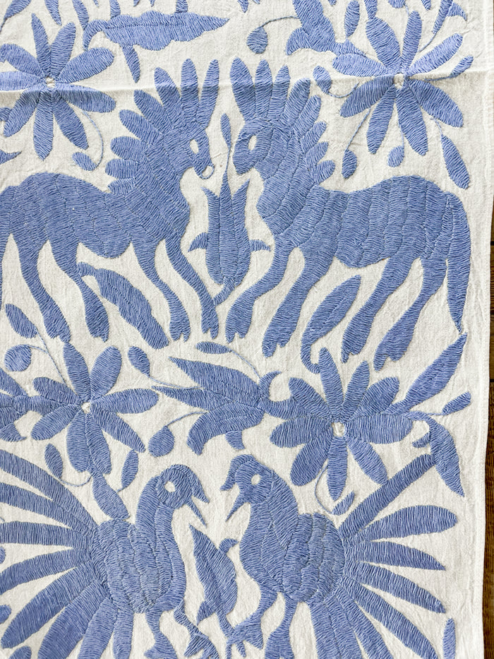 Mexican embroidered Otomi table runner folk art light purple blue