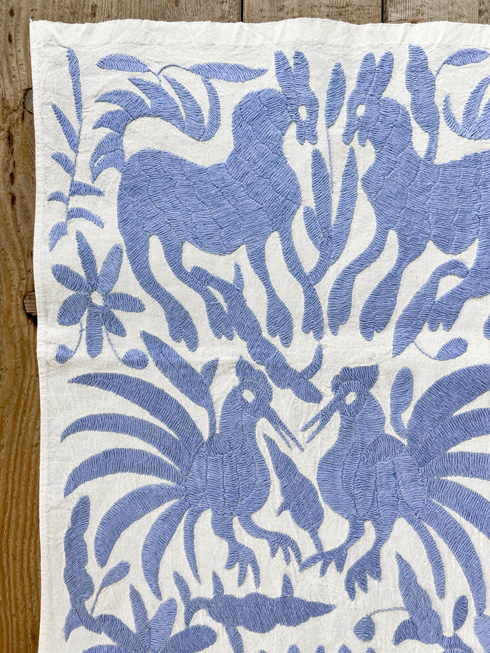 Mexican embroidered Otomi table runner folk art light purple blue