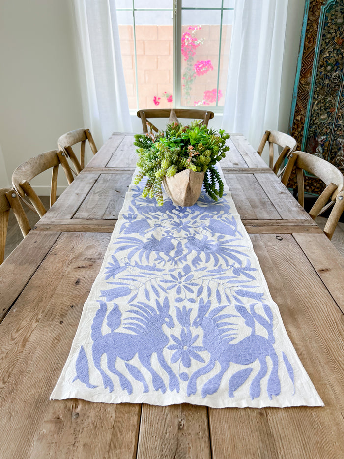 Mexican embroidered Otomi table runner folk art light purple blue