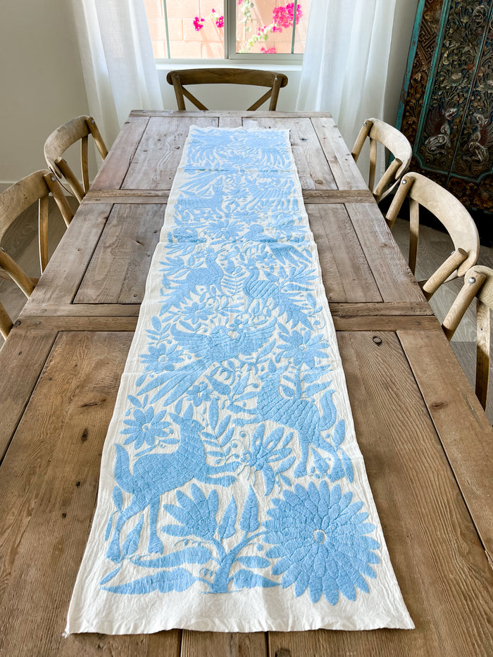 Mexican embroidered Otomi table runner folk art blue