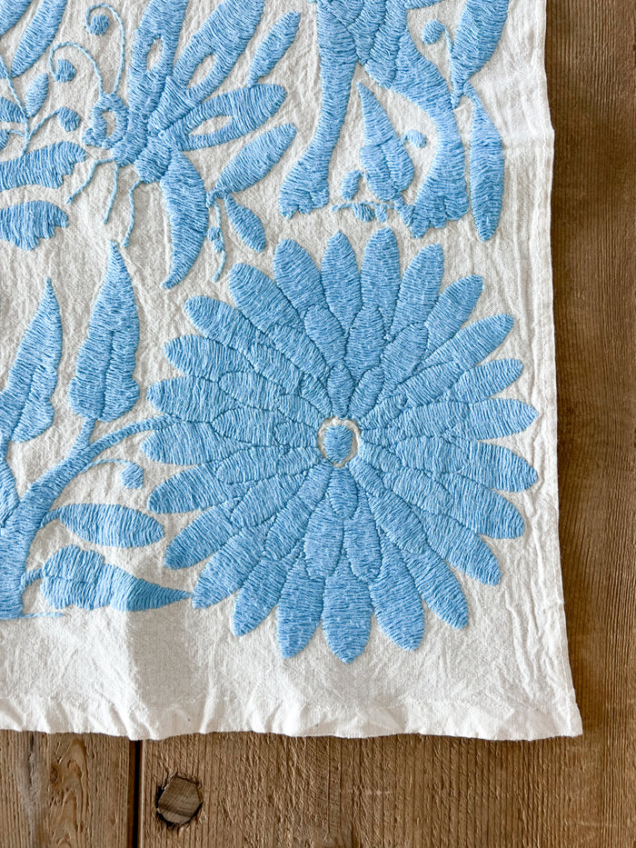 Mexican embroidered Otomi table runner folk art blue