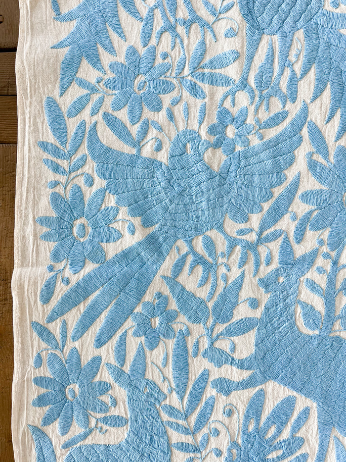 Mexican embroidered Otomi table runner folk art blue