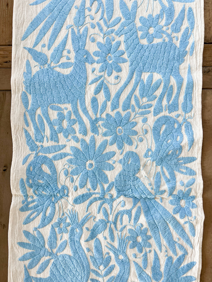 Mexican embroidered Otomi table runner folk art blue