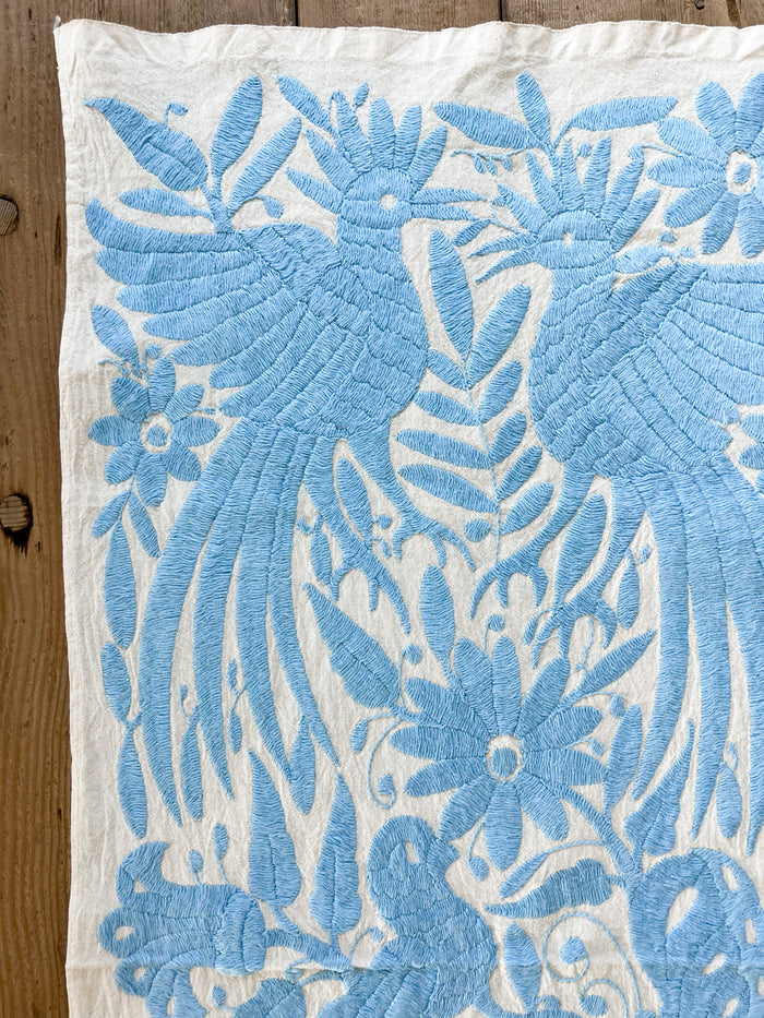 Mexican embroidered Otomi table runner folk art blue