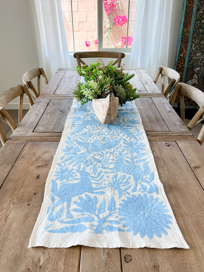 Mexican embroidered Otomi table runner folk art blue
