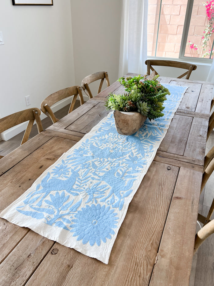 Mexican embroidered Otomi table runner folk art blue