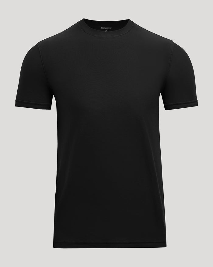 Black Active Crew Neck Tee on gray background, showcasing its premium fitted design.