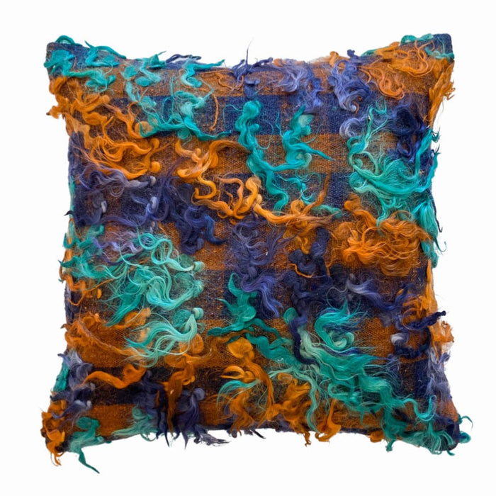handmade striped turkish tulu pillow 24x24 made with vintage blue green rust textiles