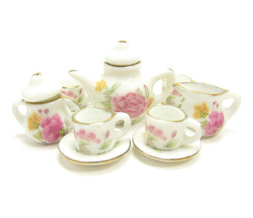 Miniature Dollhouse Tea Set with Pink Flowers