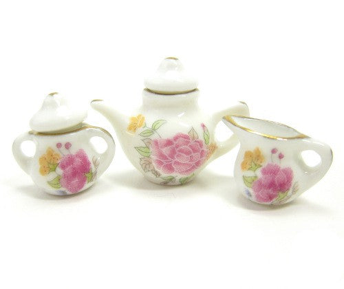 Dollhouse Tea Pot, Creamer, Sugar Bowl