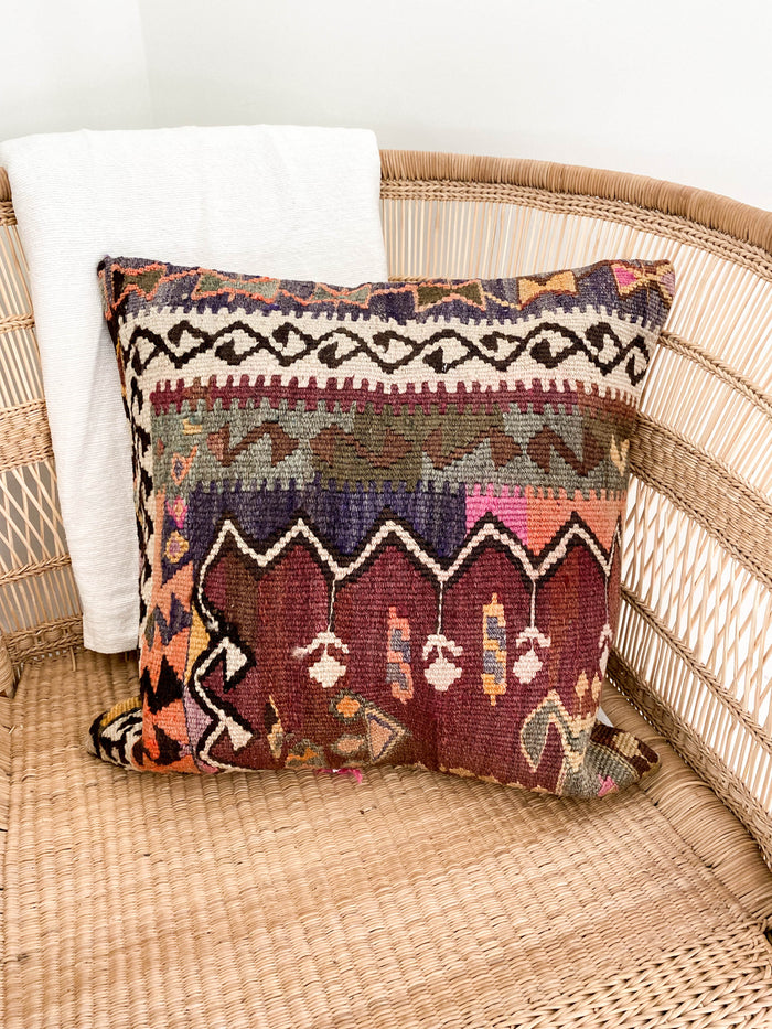 Mischief Handmade traditional Turkish kilim pillow cover made with vintage rugs 18x18 pattern