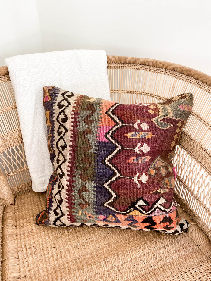 Mischief Handmade traditional Turkish kilim pillow cover made with vintage rugs 18x18 pattern