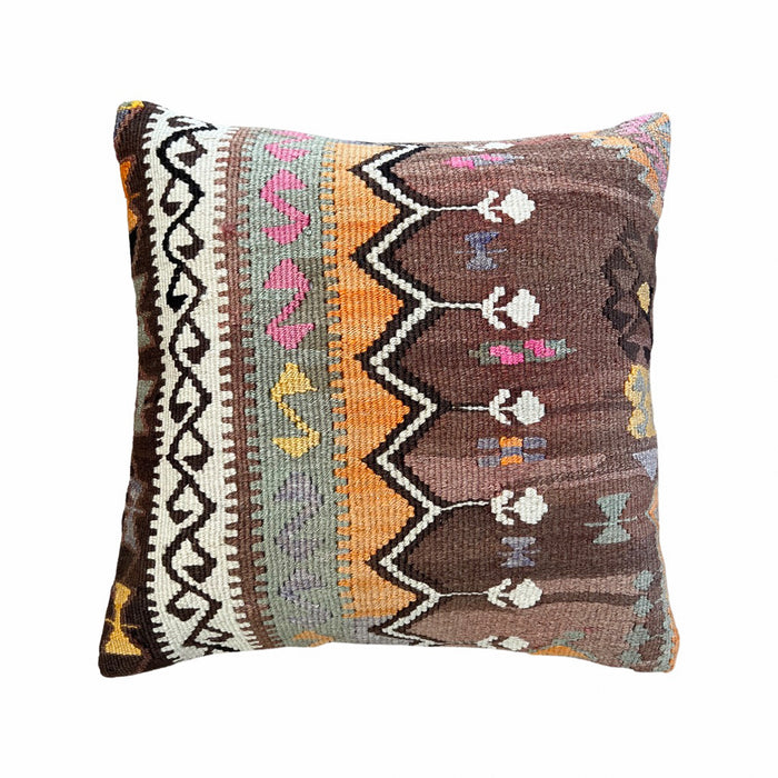 traditional Handmade Turkish kilim pillow cover made with vintage rugs 18x18 brown green orange