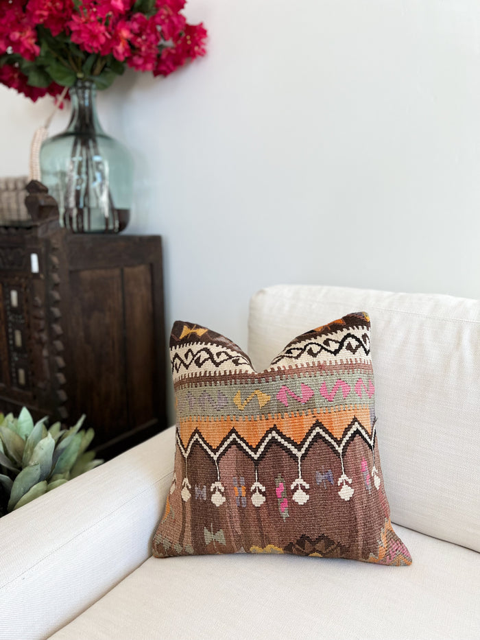 traditional Handmade Turkish kilim pillow cover made with vintage rugs 18x18 brown green orange