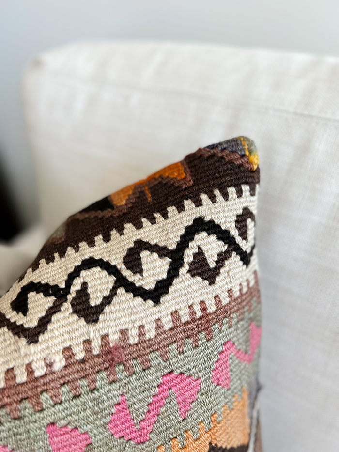 traditional Handmade Turkish kilim pillow cover made with vintage rugs 18x18 brown green orange