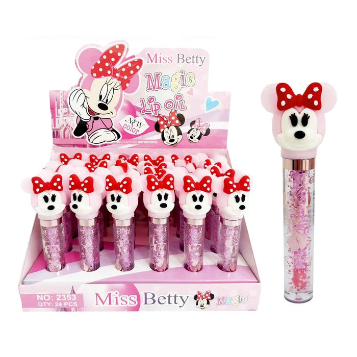 Miss Betty Magic Lip Oil - 24-Piece Bulk Display Box, Long-Lasting Hydrating Clear Gloss, Cute Cartoon Character Cap, Party Favors & Kids Makeup Set (LLG27)