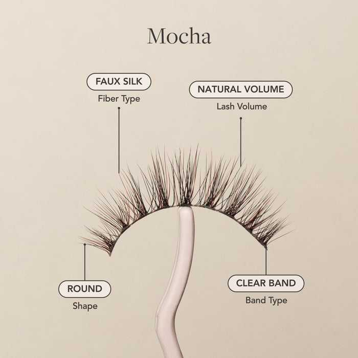 Mocha a false eyelash with faux silk fibers, natural volume, round shape, and a clear lash band.