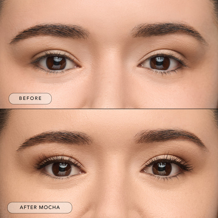 Before and after of a model wearing Mocha lashes.