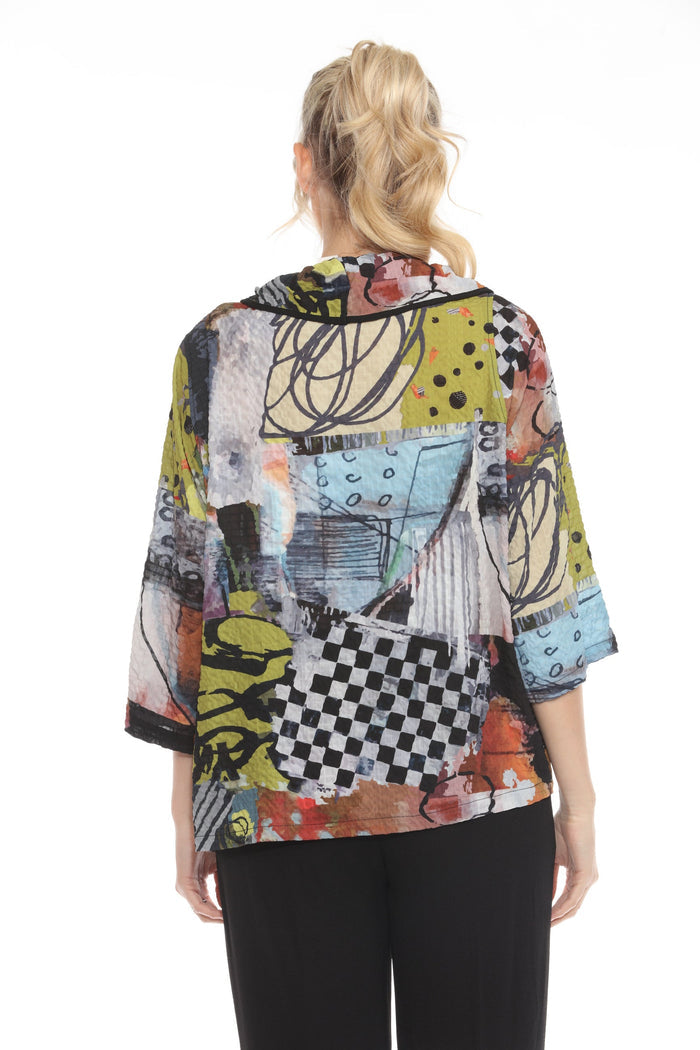 Modern-Art-Print Draped Neck Top - 3970