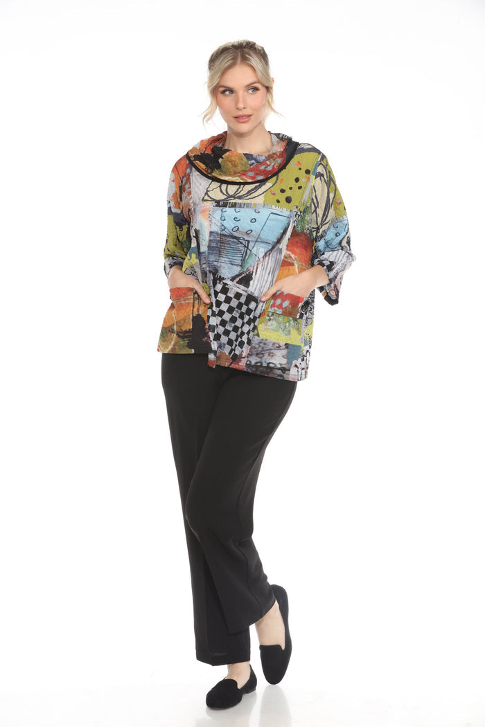 Modern-Art-Print Draped Neck Top - 3970