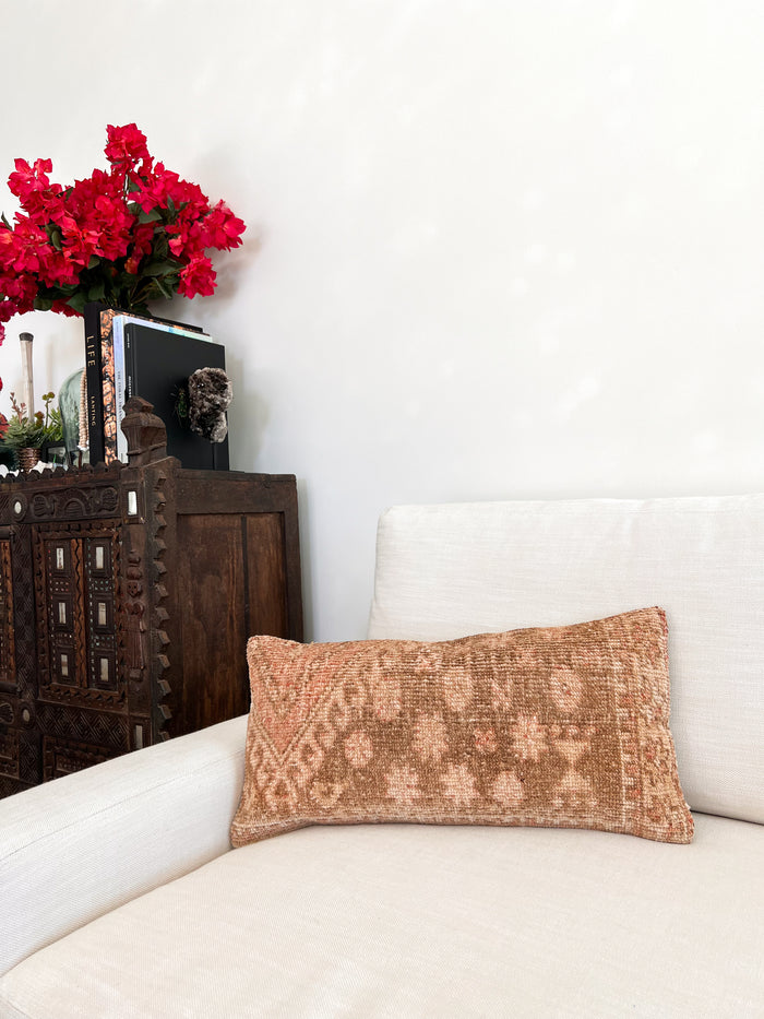Handmade Turkish oushak pillow cover made with vintage rugs 12x24 brown