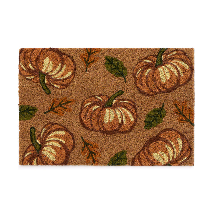 Discover the Multi Pumpkins Coir Doormat- a coir doormat with pumpkins and green/orange leaves.