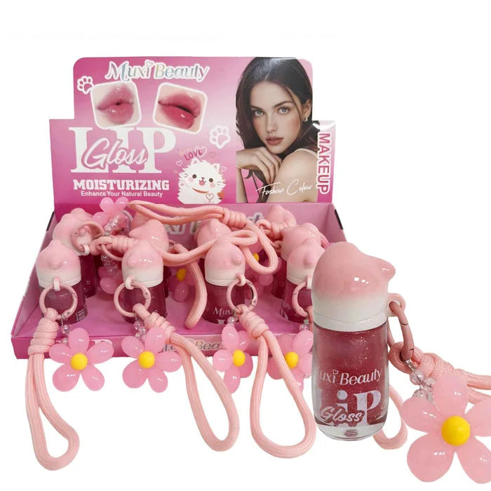 Muxi Beauty Moisturizing Lip Gloss Set with Flower Keychain Strap, Shimmer Hydrating Lip Gloss Pack, Cute Cat-Themed Lip Makeup, 12-Piece Bulk Display PDQ (LLG24)