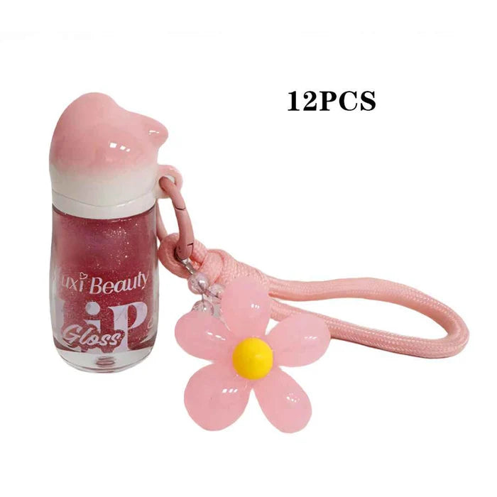 Muxi Beauty Moisturizing Lip Gloss Set with Flower Keychain Strap, Shimmer Hydrating Lip Gloss Pack, Cute Cat-Themed Lip Makeup, 12-Piece Bulk Display PDQ (LLG24)