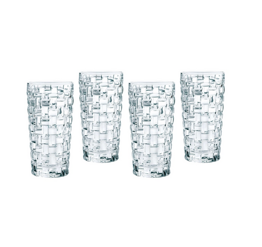 A set of four clear glass lowball glasses with a geometric pattern.