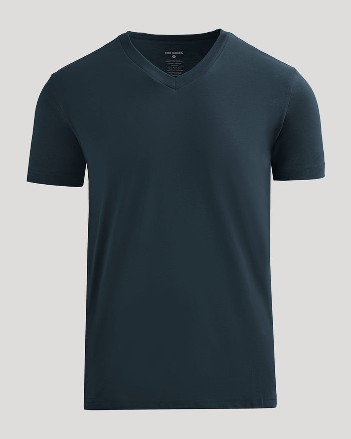 Navy Classic V-Neck T-shirt, short-sleeve, laid flat, soft tag.