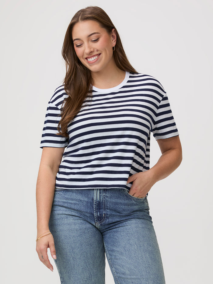 Laurel is 5'7" and wears a size M # Striped Boxy Tee | Women's Style at FCT