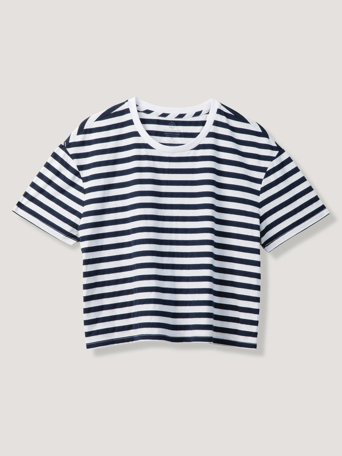 Women's striped boxy cropped tee with elbow sleeves in relaxed fit — StratuSoft fabric, all-day comfort