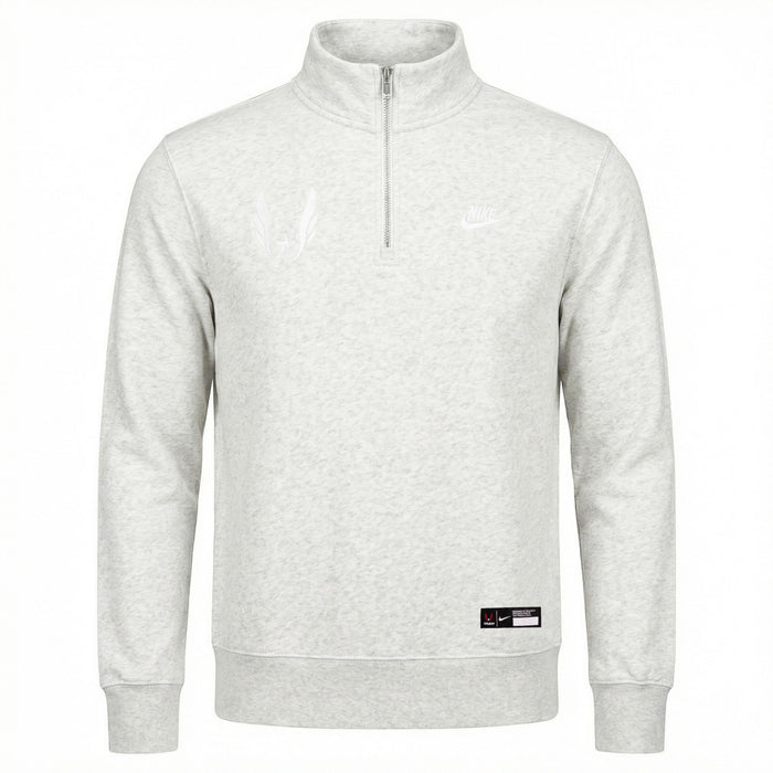 Light gray sweatshirt with a brand logo on a white background