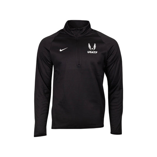 Black long-sleeve athletic shirt with Nike and USATF logos on a white background