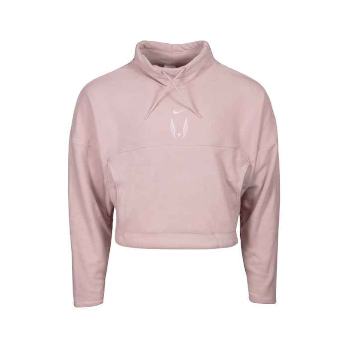 Light pink Nike cropped hoodie with a Nike swoosh and USA Track and Field wing logo on a white background