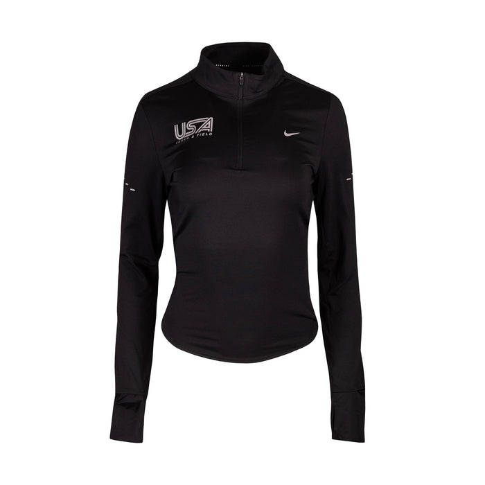 Black Nike long-sleeve half zip athletic top with USA Track & Field in reflective silver on right chest.