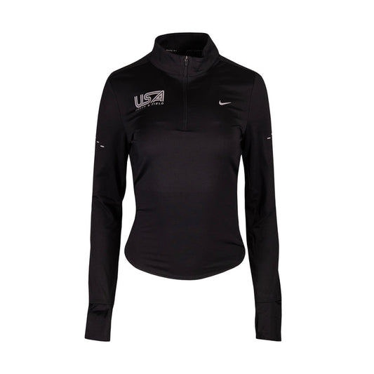 Black Nike long-sleeve half zip athletic top with USA Track & Field in reflective silver on right chest.