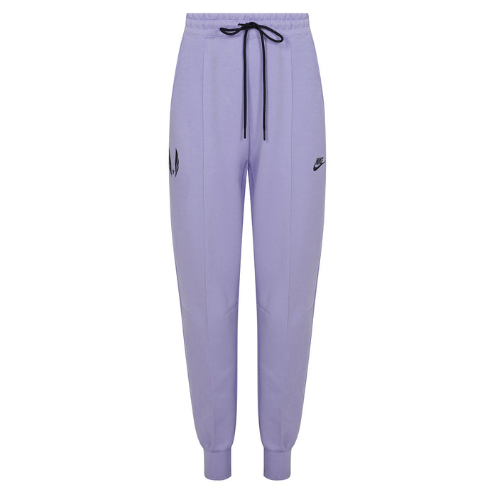 Purple jogger pants with a brand logo on a white background