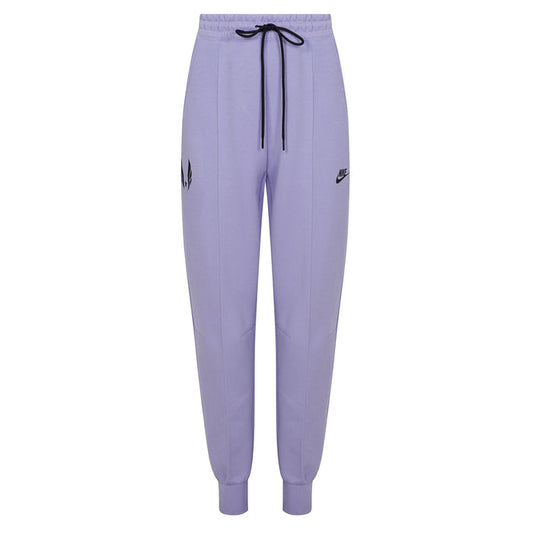 Purple jogger pants with a brand logo on a white background