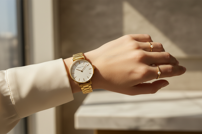 Nordgreen Native 28mm Gold 5-Link watch worn on wrist, luxury lifestyle editorial