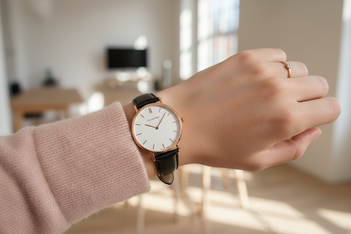 Nordgreen Native 32mm Rose Gold Case Black Leather watch worn on wrist, luxury lifestyle editorial