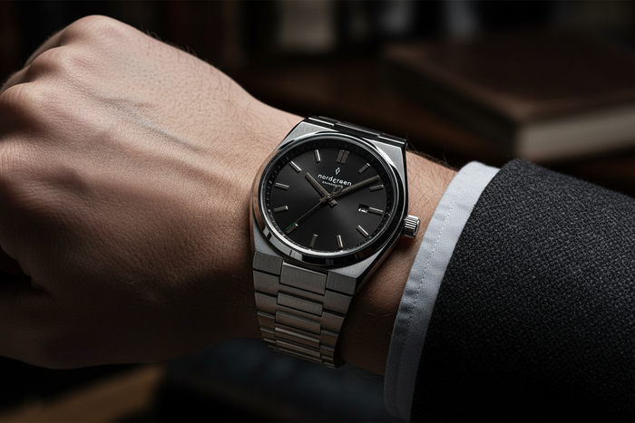 Nordgreen Succession 41mm Black Dial watch worn on wrist, luxury lifestyle editorial