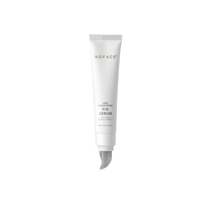 White tube of NuFACE FIX® Serum | NuFACE with a curved applicator tip designed for targeted skincare application to smooth fine lines.