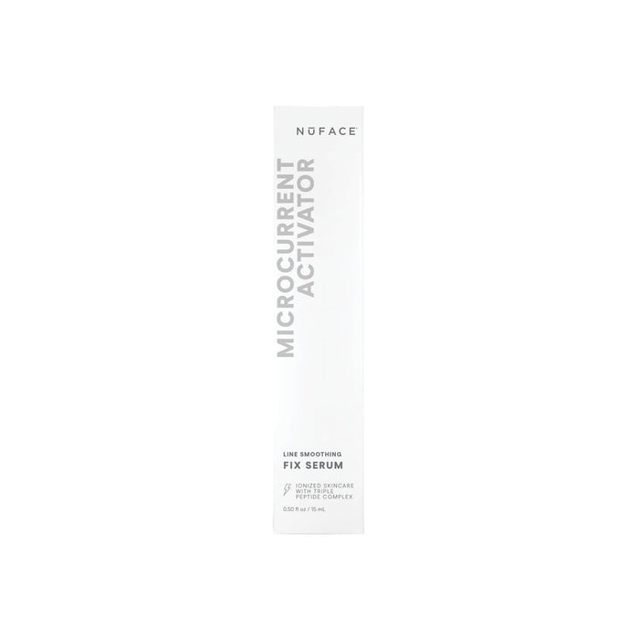 White rectangular box packaging of NuFACE FIX® Serum | NuFACE featuring minimalist design and labeled as Microcurrent Activator for line smoothing skincare.
