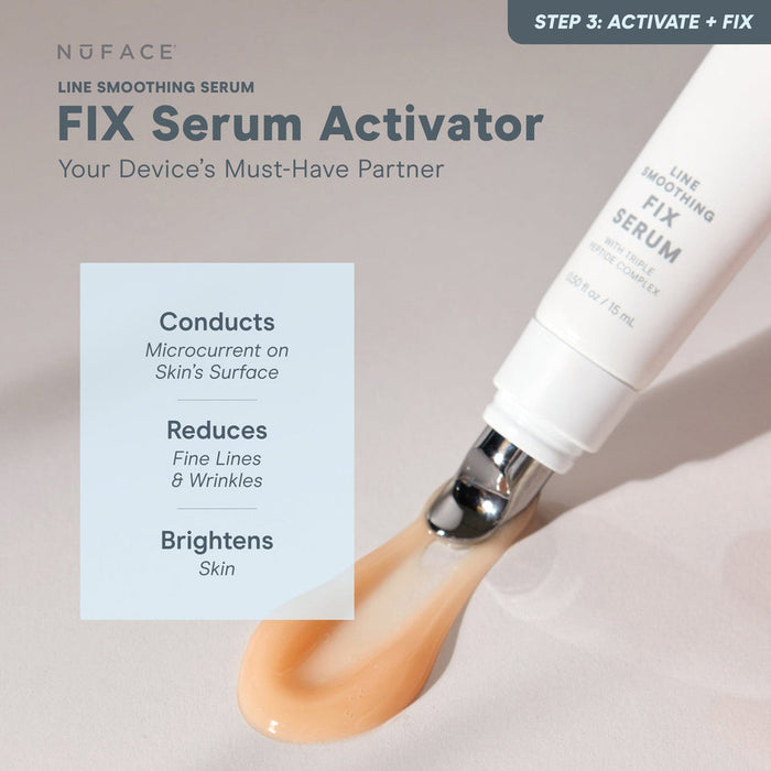 NuFACE FIX® Serum | NuFACE tube dispensing peach-colored serum with text highlighting its benefits to conduct microcurrent, reduce fine lines and wrinkles, and brighten skin for skincare and wellness.