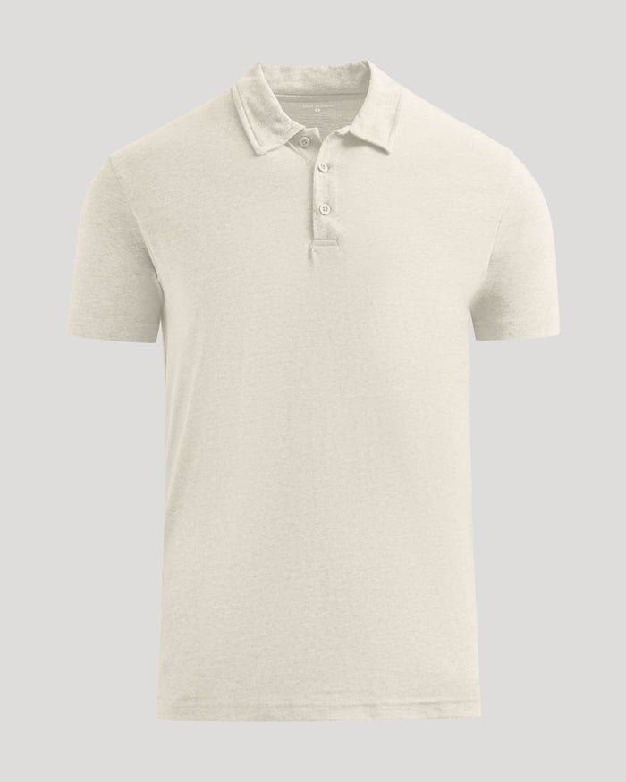 Oatmeal Classic Polo with three-button placket and straight hem.