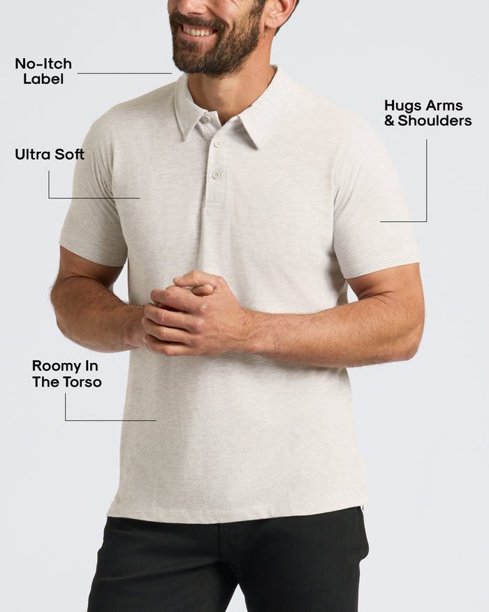 Man wearing an Oatmeal Classic Polo with a no-itch label, ultra soft fabric, roomy fit in the torso, and design that hugs the arms and shoulders, showcasing men's basics.